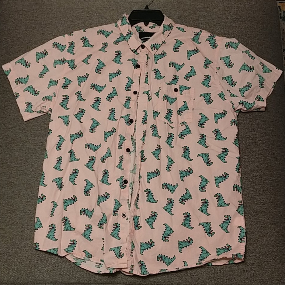 Nickelodeon Pink Short Sleeve Button-Down Shirt with Green Cartoon Print